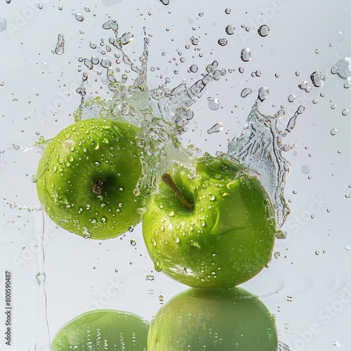 green apples splashing in the water with bubbles and drops, realistic and professional