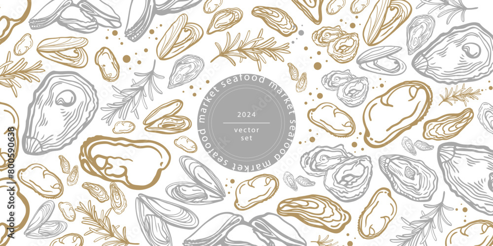 Isolated vector set of seafood. Mussels. Oysters. Hand drawn seafood delicacy, restaurant and marine cafe menu. Design template. Isolated vector set of seafood. Mussels. Oysters. Hand drawn seafood delicacy, restaurant and marine cafe menu. Design template.