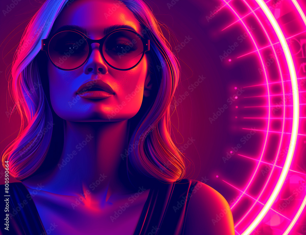 A woman with long hair and sunglasses is standing in front of a neon circle A woman with long hair and sunglasses is standing in front of a neon circle