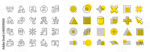 Near-field communication, contactless card, smartphone payment set. Design shape elements. Nfc line icons. Mobile phone pay, nfc technology and Pos terminal icons. Vector