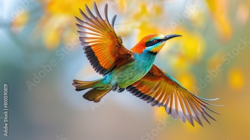 A captivating image showcasing the dynamic beauty of a Bee-Eater bird with wings outstretched amidst a blurry yellow background photo