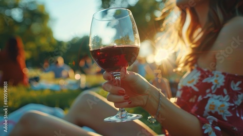 The hand of a girl with a glass of red wine. Outdoor recreation on a sunny summer day on a picnic