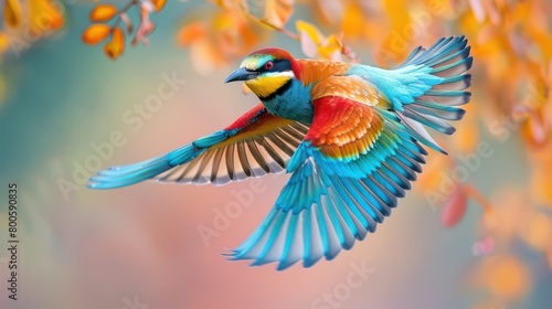This stunning portrait features an exotic Bee-Eater in flight, showcasing vivid blue and red plumage against a soft-focus autumnal backdrop photo