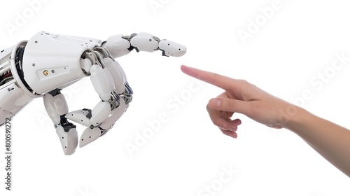 Closeup cyborg hand touch pointing finger to human hand finger on white background. Generated AI