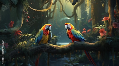 Wallpaper Mural Tropical birds sitting on a tree branch in the rainforest. Torontodigital.ca