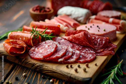 A wooden cutting board with a variety of meats and herbs on it
