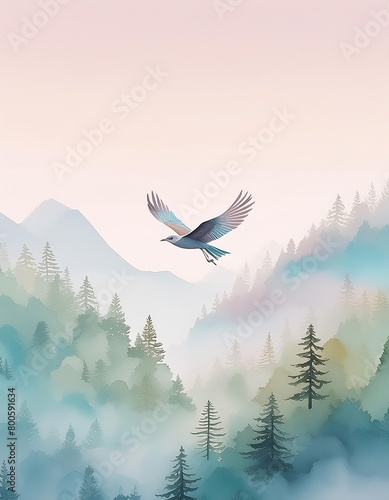 Watercolor illustration of a bird flying over a forest