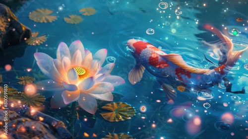 Under the twilight, koi fish gracefully navigate around a radiant lotus, creating a magical and enchanting aquatic realm
