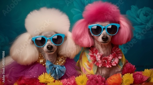 Two lovely poodles wearing sunglasses with vibrant colored frames and colorful hair, adorned with vintage accessories. © hamad