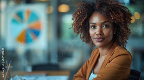 Boost your business with this impactful image. A confident businesswoman presents a chart to her team, discussing strategies for increased sales and growth.  photo