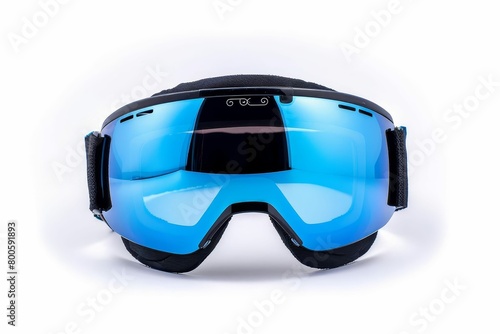 modern winter sports ski goggles with reflective blue lens and black frame isolated on white background highquality product photography