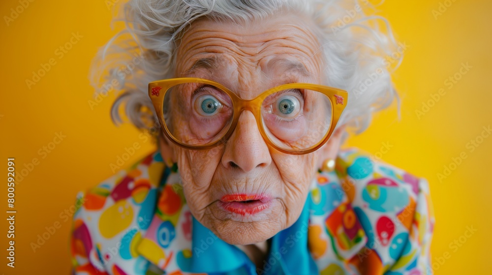 Surprised senior woman in a bright and whimsical outfit Surprised senior woman in a bright and whimsical outfit