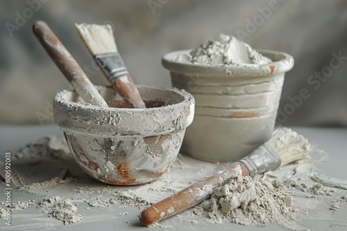 plaster and paintbrushes on a table