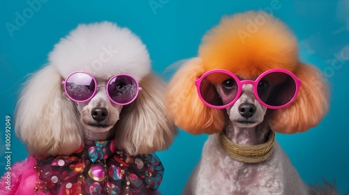 Two lovely poodles wearing sunglasses with vibrant colored frames and colorful hair, adorned with vintage accessories. © hamad