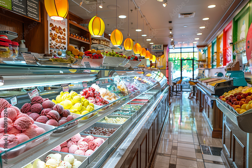A vibrant ice cream parlor scene with a variety of flavors on display, including classic and exotic options, lively atmosphere 