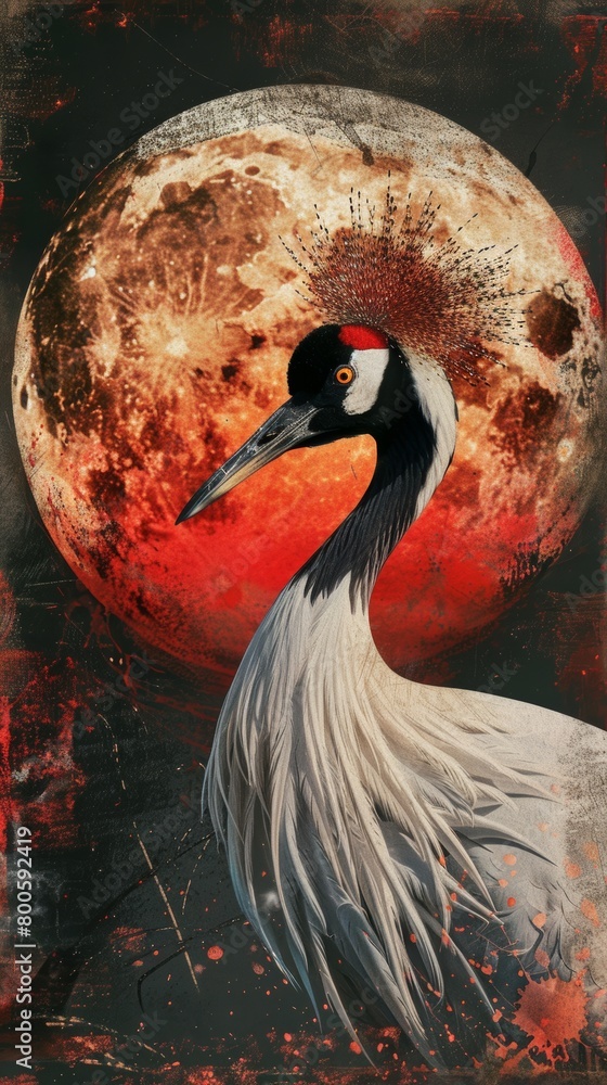 Obraz premium Red-crowned crane in front of a blood red moon with abstract textures