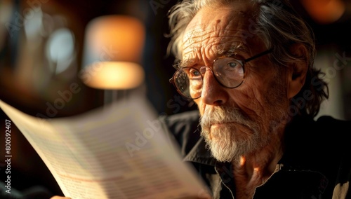 Close up of an elderly man reading documents, blurred background. The man with glasses and a goatee is looking at a document in his hand, with a focused expression on his face. 