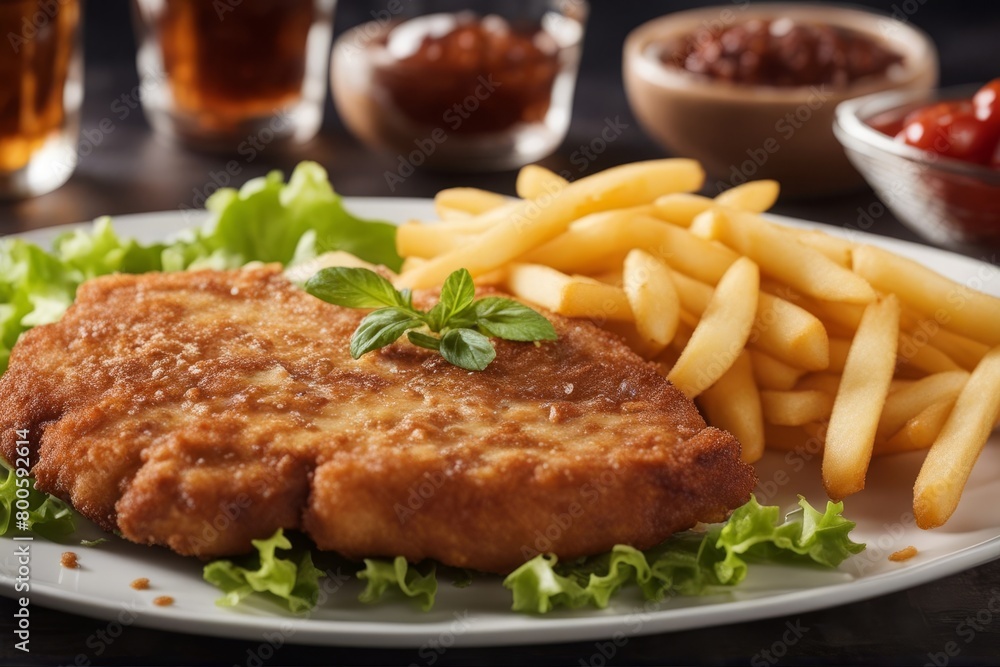 'schnitzel french fries close up traditional batter breaded meat tender veal chips food serving potato escalope cutlet austrian wiener cookery regional speciality crispy fried gold closeup gastronomy' 'schnitzel french fries close up traditional batter breaded meat tender veal chips food serving potato escalope cutlet austrian wiener cookery regional speciality crispy fried gold closeup gastronomy'