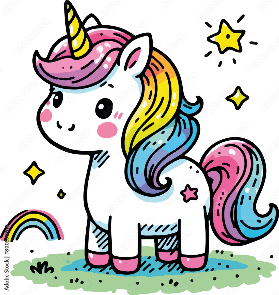 child's drawing of cute cartoon unicorn with colored pencils and rainbow child's drawing of cute cartoon unicorn with colored pencils and rainbow