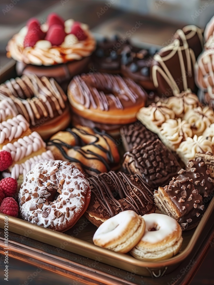Tray of Treats, Suitable for cafes, restaurants, and bakeries. The background can depict a decorated tray with pastries, donuts, and cookies. Generative AI. Tray of Treats, Suitable for cafes, restaurants, and bakeries. The background can depict a decorated tray with pastries, donuts, and cookies. Generative AI.