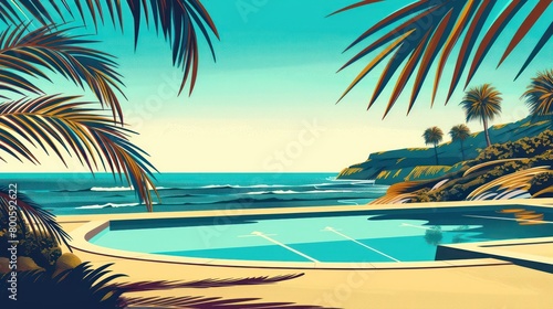 This stunning image portrays a lavish pool by the beach  surrounded by the silhouettes of palm trees