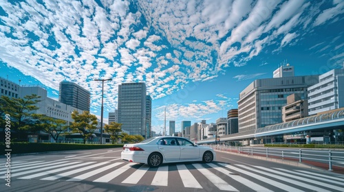 A white car paused at an empty city crosswalk with a dramatic sky full of clouds overhead photo