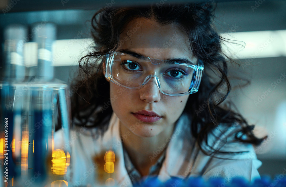 Female Scientist Working in Lab with Blue Chemicals Female Scientist Working in Lab with Blue Chemicals