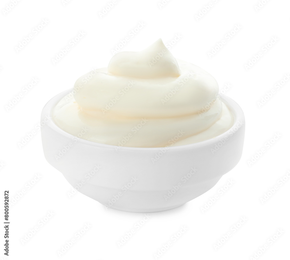 Tasty fresh mayonnaise sauce in bowl isolated on white Tasty fresh mayonnaise sauce in bowl isolated on white