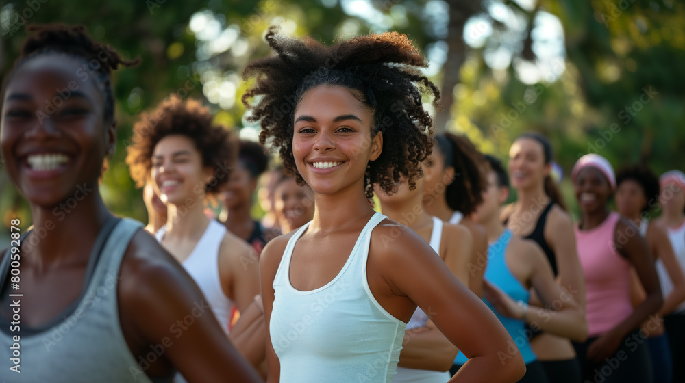 A photo of people of different ethnicities engaging in group workout session outdoors with a beautiful African girl in focus promoting body positivity and self-acceptance on International No Diet Day A photo of people of different ethnicities engaging in group workout session outdoors with a beautiful African girl in focus promoting body positivity and self-acceptance on International No Diet Day