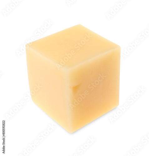 One cube of tasty cheese isolated on white