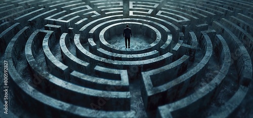 Businessman Standing in the Center of a Large Circular Maze