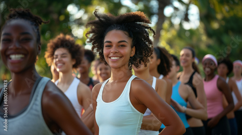 A photo of people of different ethnicities engaging in group workout session outdoors with a beautiful African girl in focus promoting body positivity and self-acceptance on International No Diet Day