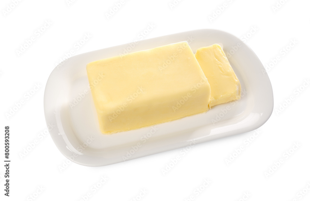 Tasty butter in dish isolated on white