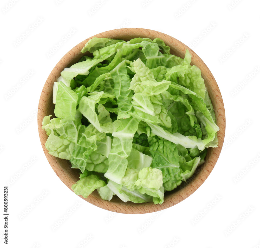 Shredded fresh Chinese cabbage in bowl isolated on white, top view Shredded fresh Chinese cabbage in bowl isolated on white, top view