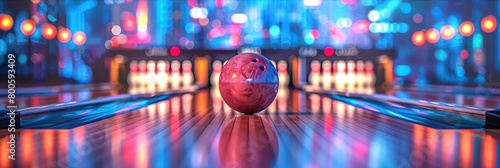 In a neon-infused bowling alley, a red bowling ball is captured in the motion of striking down the pins at the end of a glossy lane photo