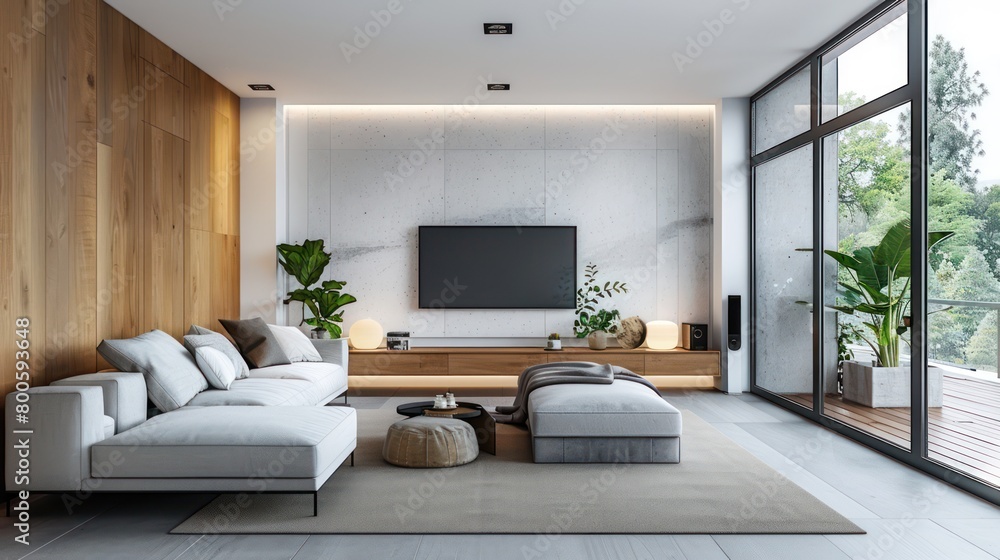 Fototapeta premium A contemporary styled living room with elegant wooden paneling and minimalist furniture, poised against a serene backdrop