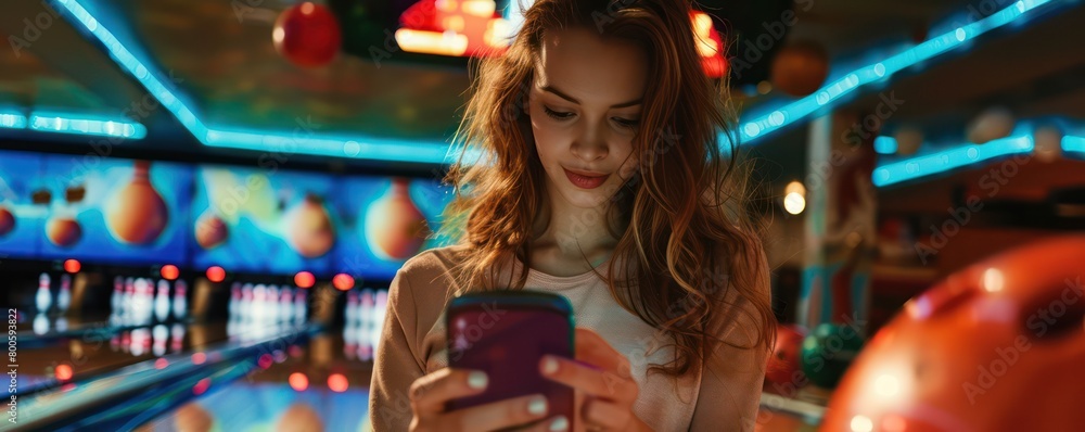A focused young woman is texting or browsing on her smartphone at a vibrant bowling alley A focused young woman is texting or browsing on her smartphone at a vibrant bowling alley