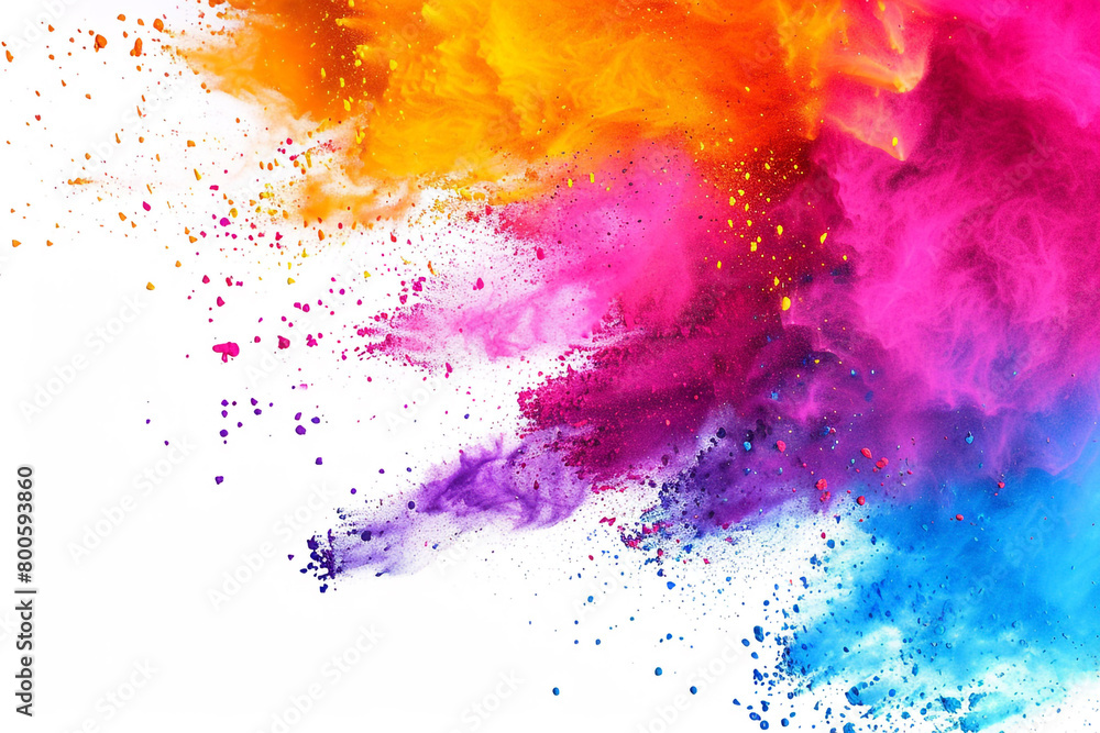 A vivid splash of Holi colors against a white backdrop symbolizing the vibrant spirit of the festival with copy space 