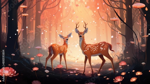 illustration graphics a family of deer wandering through a magical forest