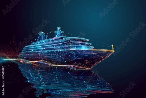 A large ship is shown in a dark blue color with a bright light shining on it