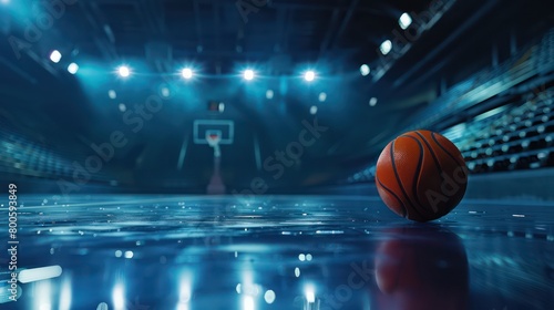 Court's reflective surface intensifies the solitary basketball's presence, with strong lighting and perspective drawing the eye to the match ahead photo