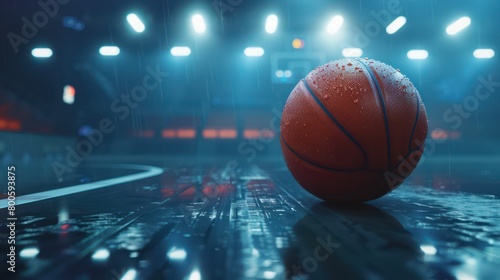 An atmospheric shot capturing a basketball on a shiny wet court, with lights reflecting on the surface