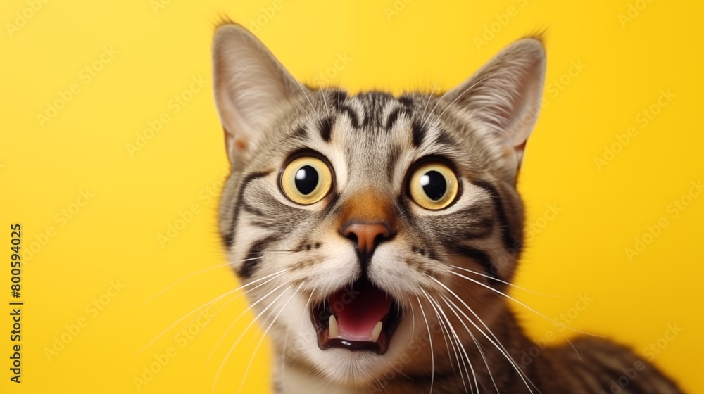 Young crazy surprised cat make big eyes closeup on yellow background. Young crazy surprised cat make big eyes closeup on yellow background.