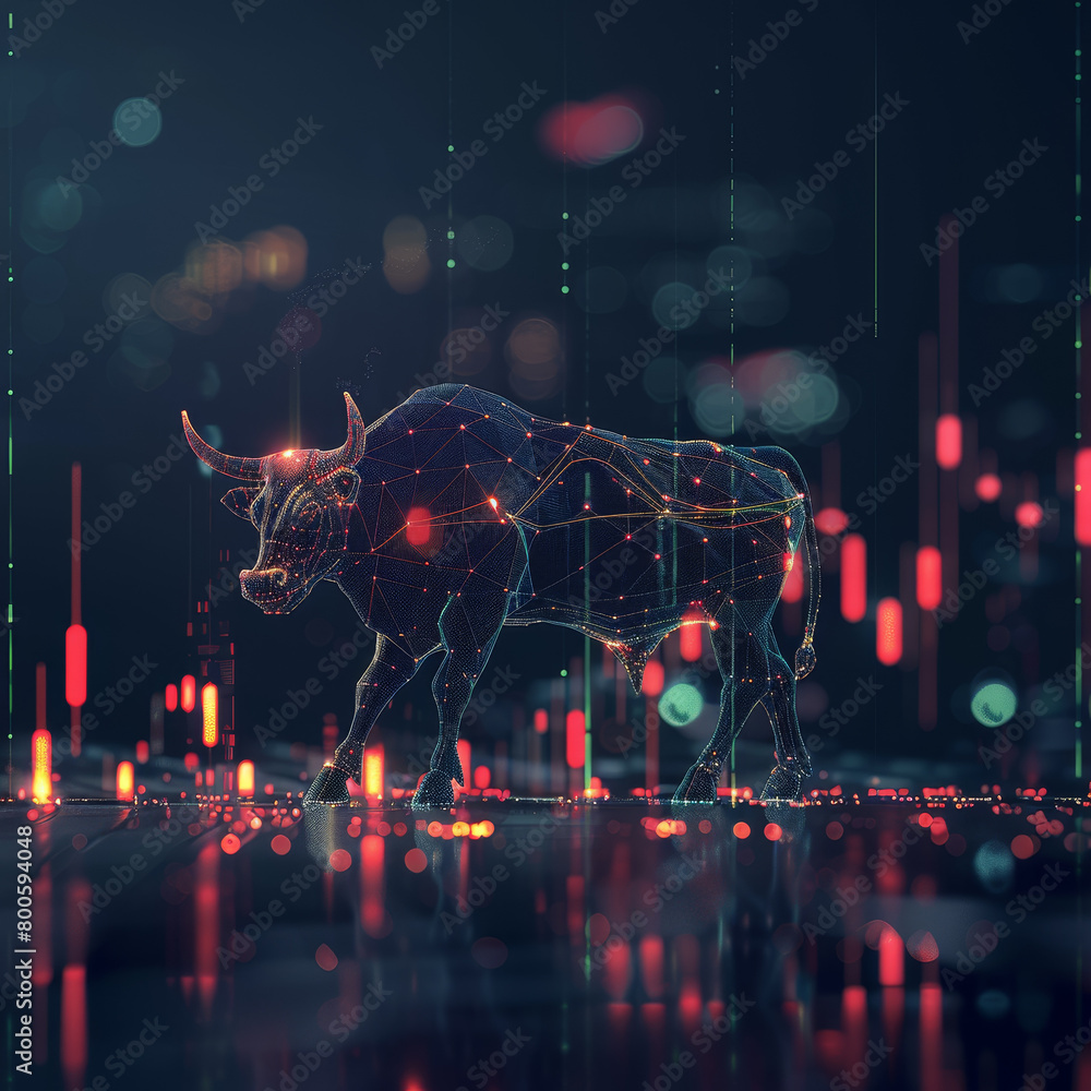 A bull is depicted in a digital art piece with a city skyline in the background A bull is depicted in a digital art piece with a city skyline in the background