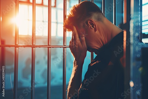 a male prisoner in a robe is serving time in a prison cell behind bars photo