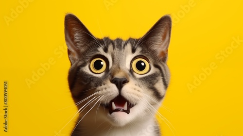 Young crazy surprised cat make big eyes closeup on yellow background. © hamad