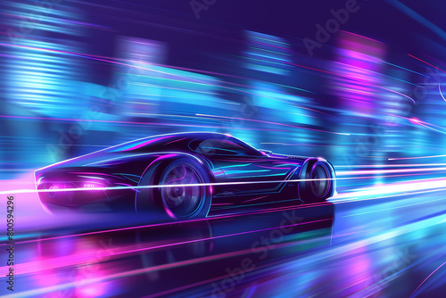 A car is driving down a track with a bright purple background photo