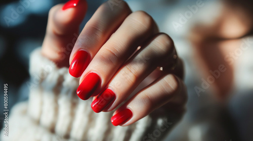 Mão de uma mulher com as unhas pintadas de vermelho 