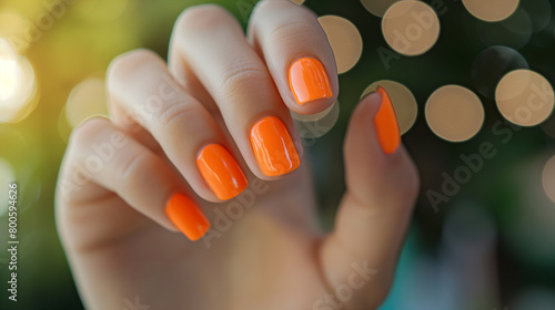 Mão de uma mulher com as unhas pintadas de laranja