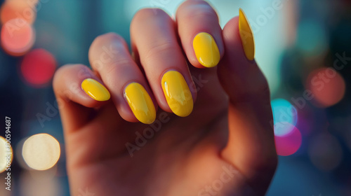 Mão de uma mulher com as unhas pintadas de amarelo photo